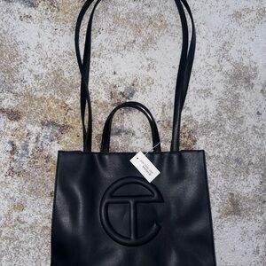 Telfar Black Leather Tote with Embossed Logo
